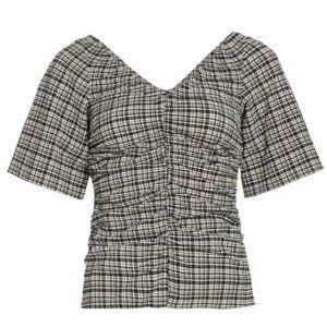 Ganni Plaid Seersucker Ruched Top